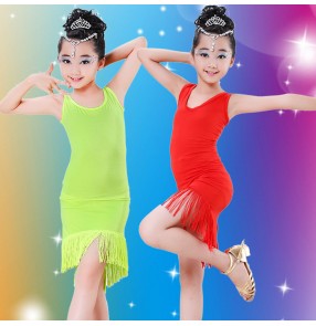Red neon green fringes back split tank girls kids children performance stage performance salsa latin samba rumba dance dresses outfits